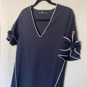 Zara Basic navy dress w/ bow sleeves, side stripes